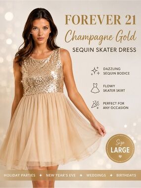 Forever 21 Champagne Gold Sequin Skater Dress | Large | Holiday Party NYE
